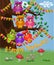 A cute flirtatious owl sits on a tree decorated with garlands, balloons, a postcard, a cartoon children's style, spring
