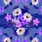 Cute floral seamless pattern. Daisy, platycodon and apple flowers on beautiful blue background with cosmos flowers