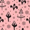 Cute floral seamless pattern drawn by hand. Repeated abstract black silhouettes of flowers on pink background.