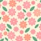 Cute floral seamless pattern, stunning spring vector endless design with pink flowers and green leaves