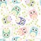 Cute floral seamless vector pattern with owls.