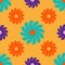 Cute flowers seamless pattern on yellow background. Bright hippy floral background in 1970s flat cartoon style