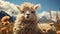 A cute fluffy alpaca grazes in the green meadow generated by AI