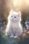 cute fluffy baby white kitten, little wildflowers, pastel rainbow atmosphere