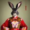 Cute fluffy bunny anthropomorphic rabbit dressed in colorful traditional Chinese clothes