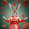 Cute fluffy bunny anthropomorphic rabbit dressed in colorful traditional Chinese clothes