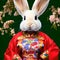 Cute fluffy bunny anthropomorphic rabbit dressed in colorful traditional Chinese clothes