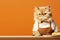 Cute fluffy cat baristas standing in bar counter on orange background with copy space