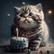 Cute fluffy cat celebrate first birthday with cake. Funny pet animal illustration for festive card or banner. Generative AI
