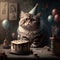 Cute fluffy cat celebrate second birthday with cake. Funny pet animal illustration for festive card or banner. Generative AI