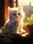 Cute fluffy cat drinking a cup of coffee. Little cat drinking coffee on the table near window. Cozy and warm autumn. For