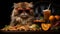 Cute fluffy cat in sunglasses near burger on dark background. Generative AI