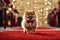 Cute Fluffy Dog Pet Wearing Ribbon Tie Standing in Long Red Carpet Looks Elegant