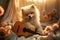 cute fluffy dog playing acoustic guitar in the room