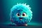 A cute fluffy fantasy blue creature on a blue background. Created with Generative AI