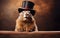 Cute fluffy friendly smiling groundhog in a black top hat, holding onto the wooden surface on brown background. AI Generative