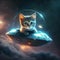 Cute fluffy kitten driving UFO in space. Funny cat rides sci-fi spacecraft or alien spaceship. Generated AI.