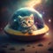 Cute fluffy kitten driving UFO in space. Funny cat rides sci-fi spacecraft or alien spaceship. Generated AI.