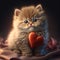 Cute fluffy kitten hugging red heart. Valentine`s Day greetings from romantic cat holding heart. Generative AI