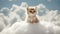 Cute fluffy kitten is sitting on clouds in the sky. Generative AI.