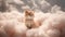 Cute fluffy kitten is sitting on clouds in the sky. Generative AI.