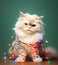 Cute fluffy kitten tangled in Christmas lights