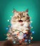 Cute fluffy kitten tangled in Christmas lights