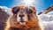 A cute, fluffy marmot crawled out of his hole wearing sunglasses among the white snow on a sunny day.