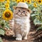 Cute fluffy Persian cat in a hat on a bg of sunflowers