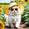 Cute fluffy Persian cat in a hat and sunglasses on a bg of sunflowers