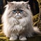 Cute fluffy Persian cat sits on a background of moss