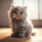 Cute fluffy persian kitten sitting on the floor at home.