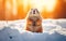 Cute fluffy photorealistic groundhog standing in warm sunlight on blurred background. Happy groundhog day banner. AI Generative