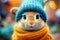 A cute fluffy rabbit with glasses is wearing a hat and scarf.