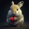 Cute fluffy rabbit hugging red heart. Valentine's Day greetings from romantic bunny holding heart. Generative AI.