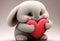Cute fluffy rabbit hugging red heart. Valentine's Day greetings from romantic bunny holding heart. Generative AI.