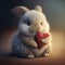 Cute fluffy rabbit hugging red heart. Valentine's Day greetings from romantic bunny holding heart. Generative AI.