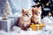 Cute fluffy red kittens with gift boxes and a Christmas tree on a blurred background. Adorable little tabby cats. Cozy