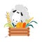 Cute Fluffy Sheep as Farm Animal on Ranch with Crate Full of Harvest Vector Illustration