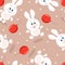 Cute fluffy white bunnies with red balloons on a mocha background.Seamless pattern
