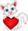 Cute fluffy white Cat holding heart love