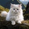 Cute fluffy white Persian cat lies on a bg of mountains
