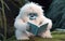 Cute fluffy Yeti in kawaii reading a book,