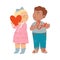 Cute Flushed Boy and Girl Standing Holding Love Sign Vector Illustration