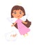 Cute flying baby angel with dress, wings and nimbus flying in sky and funny sheep