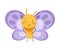 Cute flying baby butterfly with lilac wings and funny smiling face cartoon vector illustration