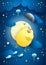 Cute flying chick with umbrella on starry sky