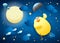 Cute flying chick with umbrella on starry sky