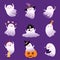Cute Flying Ghosts Collection, Adorable Halloween Spooky Characters Vector Illustration