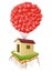 Cute flying house with red heart balloons